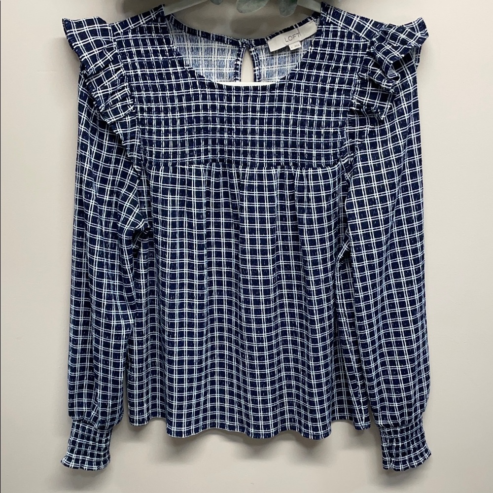 NWOT Loft Long Sleeve Navy Blue Smocked Ruffle Windowpane Plaid Blouse S
